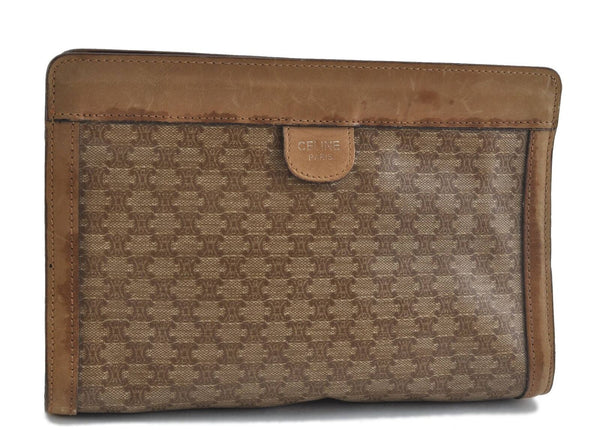 Authentic CELINE Macadam Pattern Clutch Bag PVC Leather Brown Beige H2649