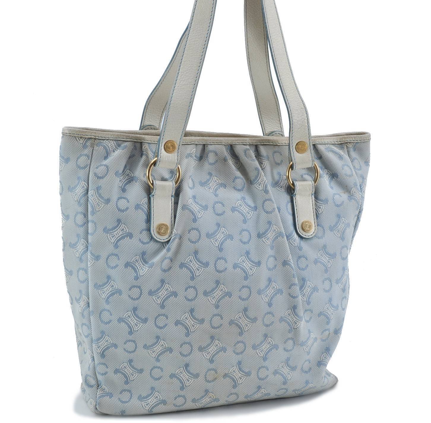 Authentic CELINE C Macadam Pattern Tote Bag Canvas Leather Light Blue H2685