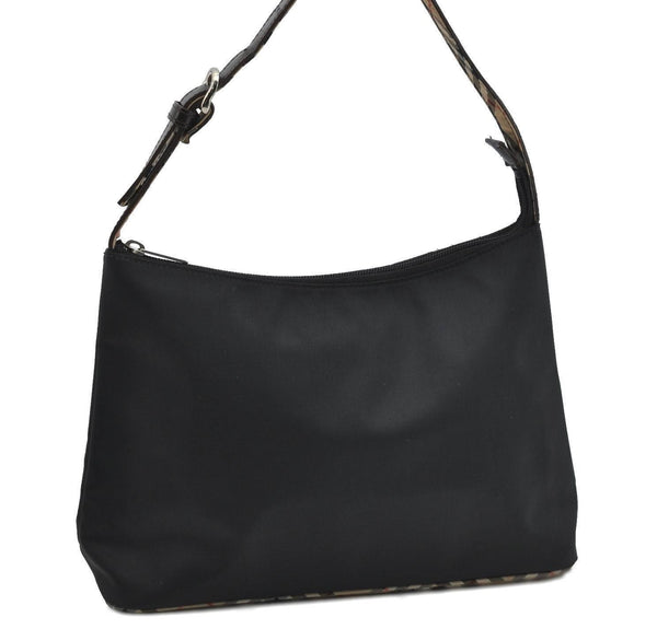 Authentic BURBERRY BLUE LABEL Check Shoulder Bag Nylon Leather Black H2754