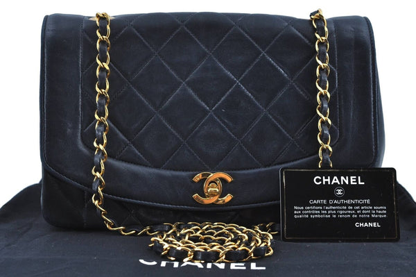 Auth CHANEL Lamb Skin Matelasse Chain Shoulder Cross Body Bag Navy Blue CC H2807