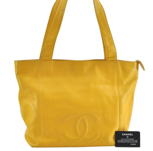 Authentic CHANEL Caviar Skin CC Logo Shoulder Tote Bag Yellow H2858