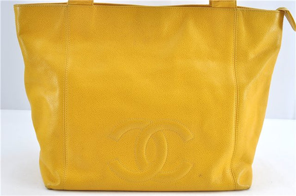 Authentic CHANEL Caviar Skin CC Logo Shoulder Tote Bag Yellow H2858