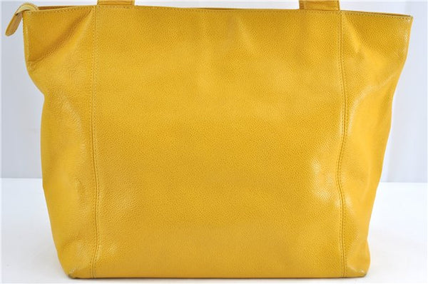 Authentic CHANEL Caviar Skin CC Logo Shoulder Tote Bag Yellow H2858
