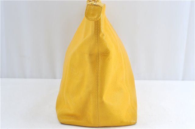 Authentic CHANEL Caviar Skin CC Logo Shoulder Tote Bag Yellow H2858