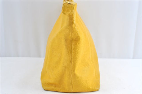 Authentic CHANEL Caviar Skin CC Logo Shoulder Tote Bag Yellow H2858