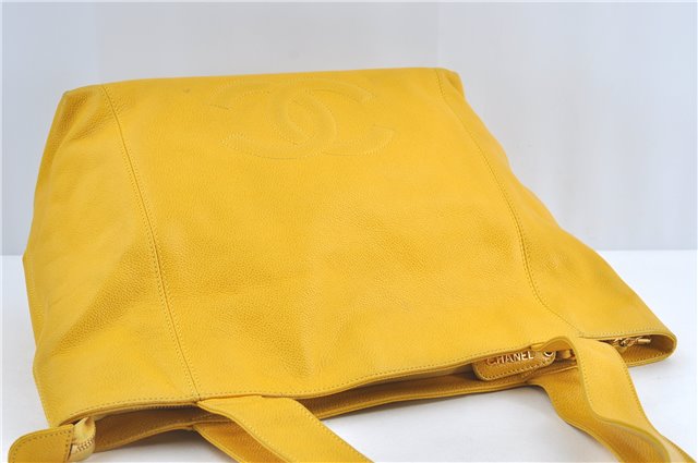 Authentic CHANEL Caviar Skin CC Logo Shoulder Tote Bag Yellow H2858