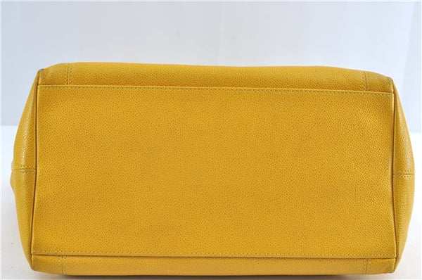 Authentic CHANEL Caviar Skin CC Logo Shoulder Tote Bag Yellow H2858