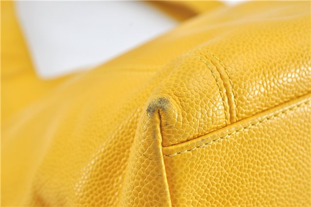 Authentic CHANEL Caviar Skin CC Logo Shoulder Tote Bag Yellow H2858