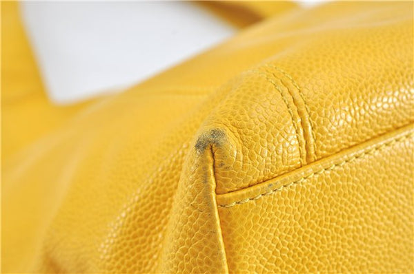 Authentic CHANEL Caviar Skin CC Logo Shoulder Tote Bag Yellow H2858