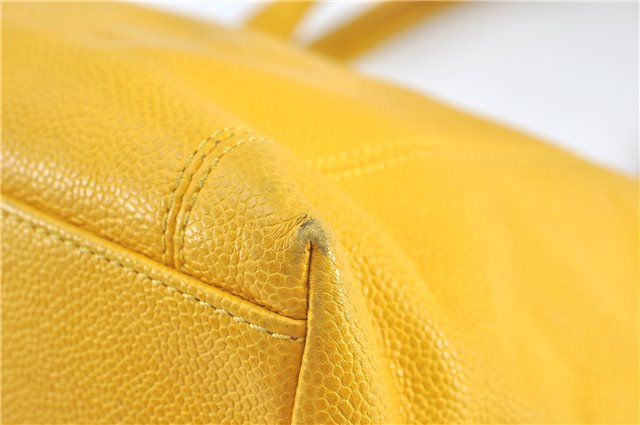 Authentic CHANEL Caviar Skin CC Logo Shoulder Tote Bag Yellow H2858