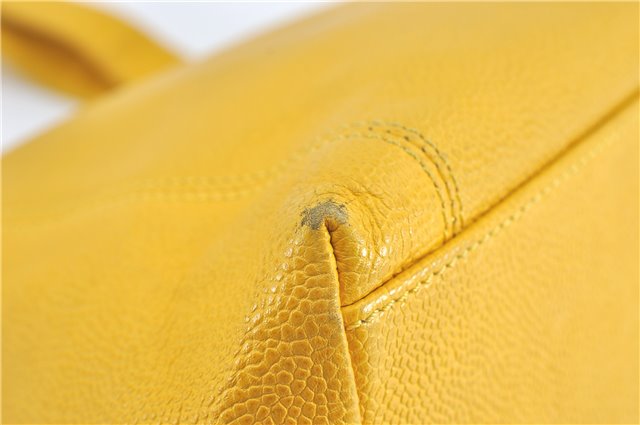 Authentic CHANEL Caviar Skin CC Logo Shoulder Tote Bag Yellow H2858