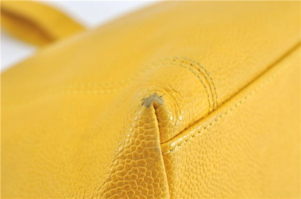 Authentic CHANEL Caviar Skin CC Logo Shoulder Tote Bag Yellow H2858