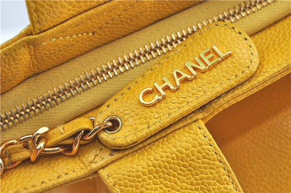 Authentic CHANEL Caviar Skin CC Logo Shoulder Tote Bag Yellow H2858