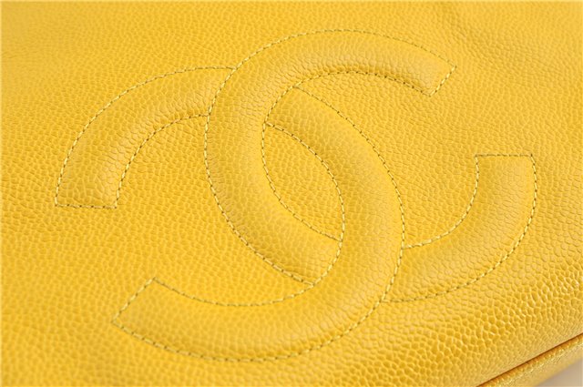 Authentic CHANEL Caviar Skin CC Logo Shoulder Tote Bag Yellow H2858