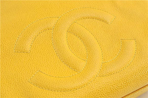 Authentic CHANEL Caviar Skin CC Logo Shoulder Tote Bag Yellow H2858
