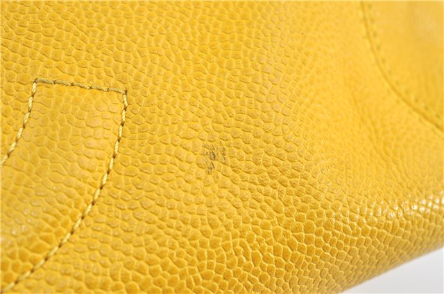 Authentic CHANEL Caviar Skin CC Logo Shoulder Tote Bag Yellow H2858