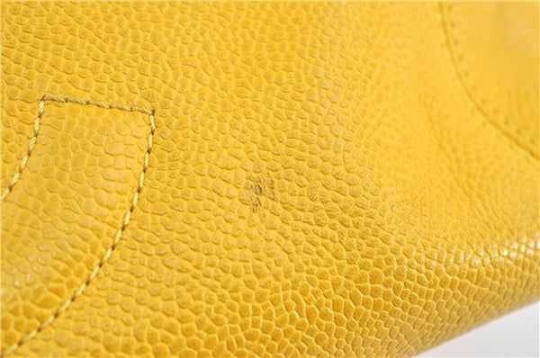Authentic CHANEL Caviar Skin CC Logo Shoulder Tote Bag Yellow H2858