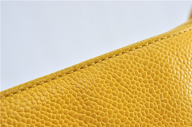 Authentic CHANEL Caviar Skin CC Logo Shoulder Tote Bag Yellow H2858