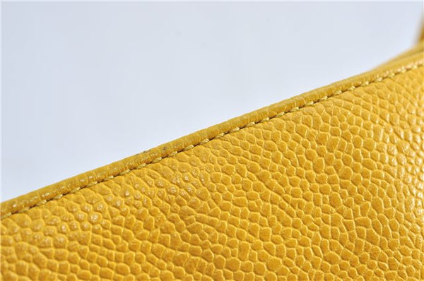 Authentic CHANEL Caviar Skin CC Logo Shoulder Tote Bag Yellow H2858