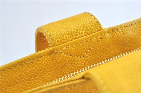 Authentic CHANEL Caviar Skin CC Logo Shoulder Tote Bag Yellow H2858