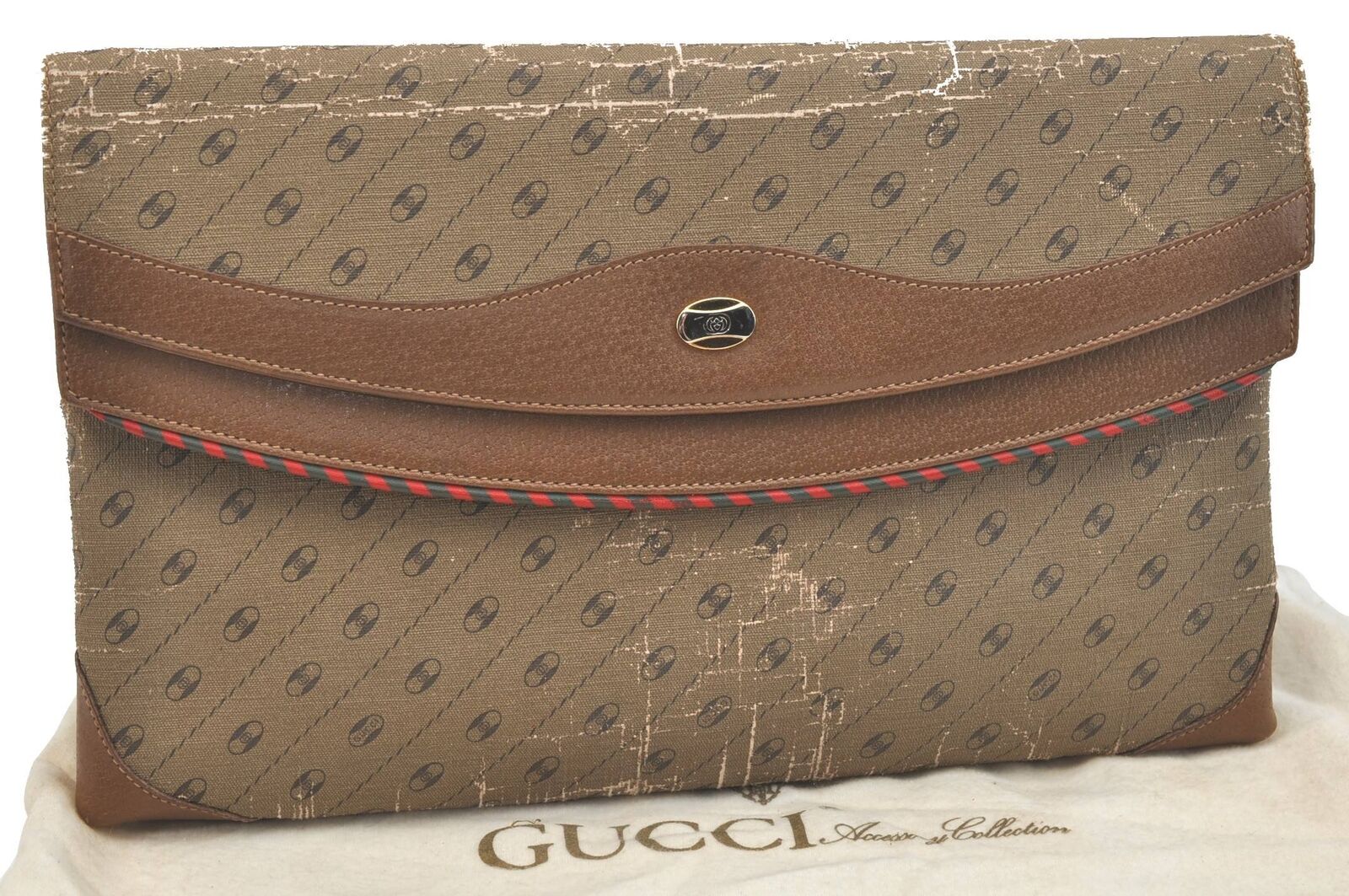 Authentic GUCCI Clutch Hand Bag GG Plate Motif PVC Leather Brown H3053