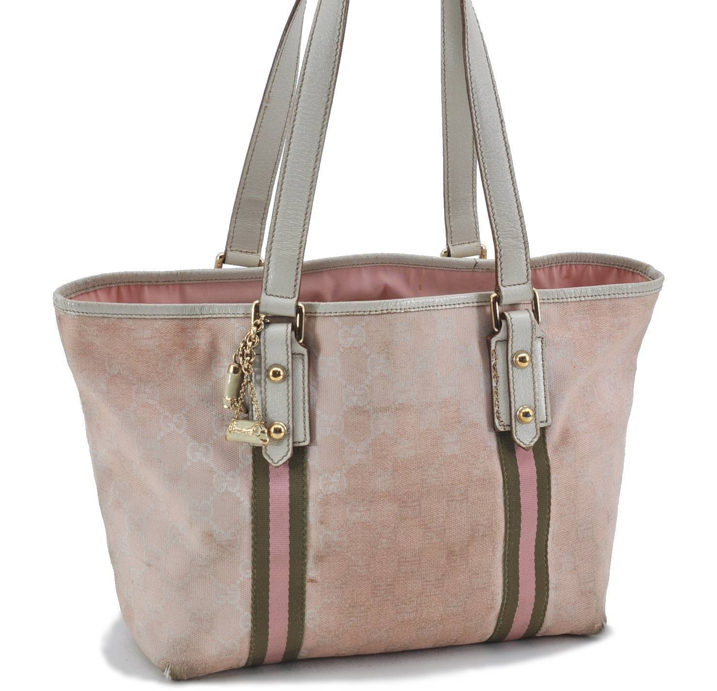 Authentic GUCCI Sherry Line Shoulde Tote Bag GG Canvas Leather 137396 Pink H3113