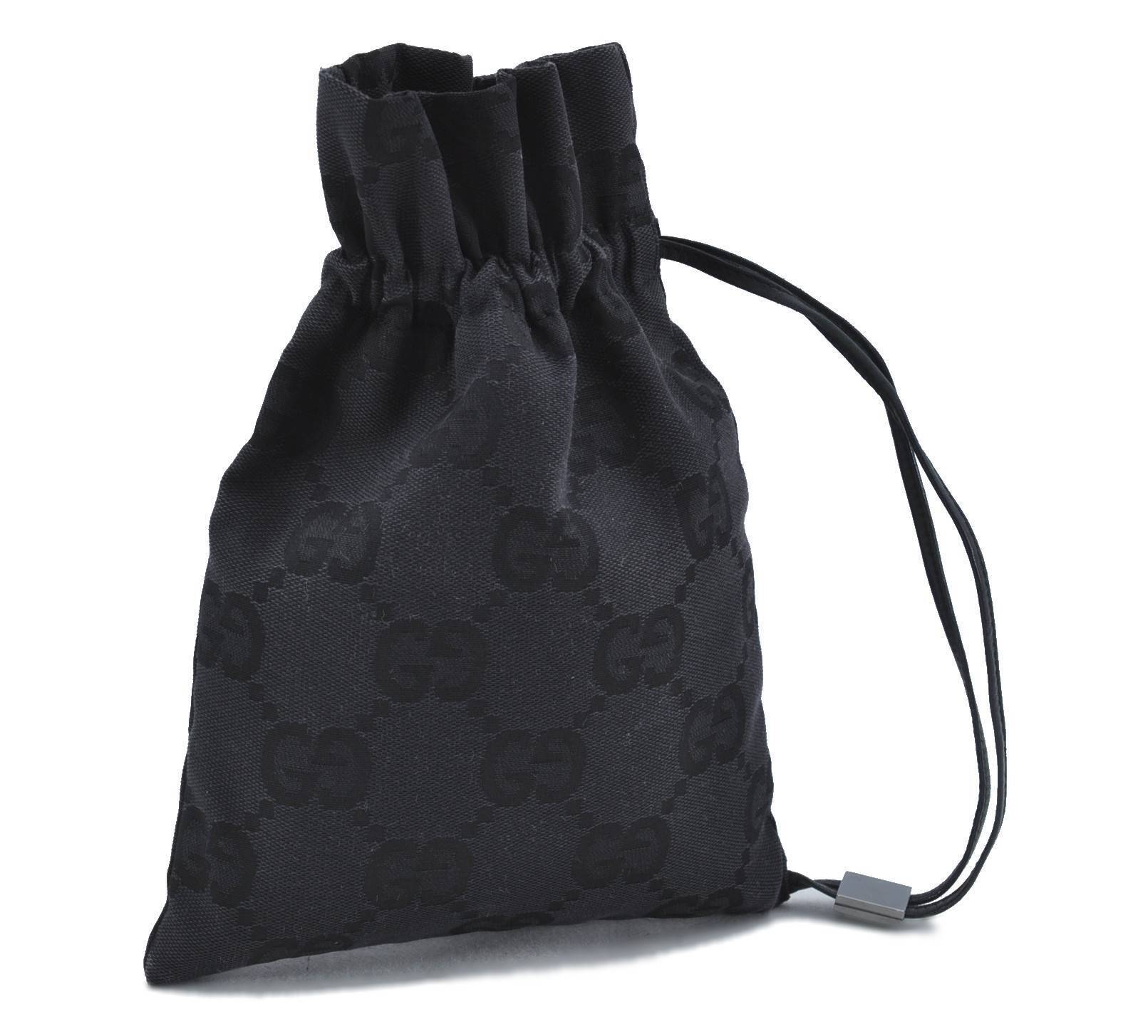 Authentic GUCCI Jumbo GG Drawstring Pouch GG Canvas Leather 0391046 Black H3154