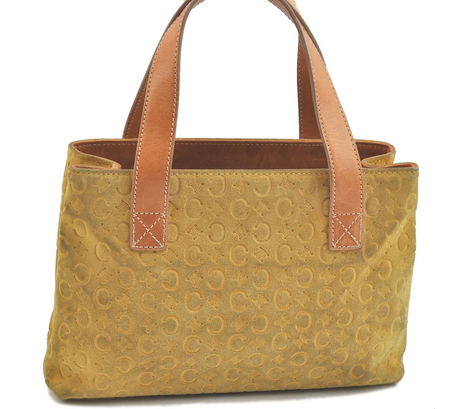 Authentic CELINE C Macadam Pattern Hand Bag Purse Suede Leather Yellow H3334