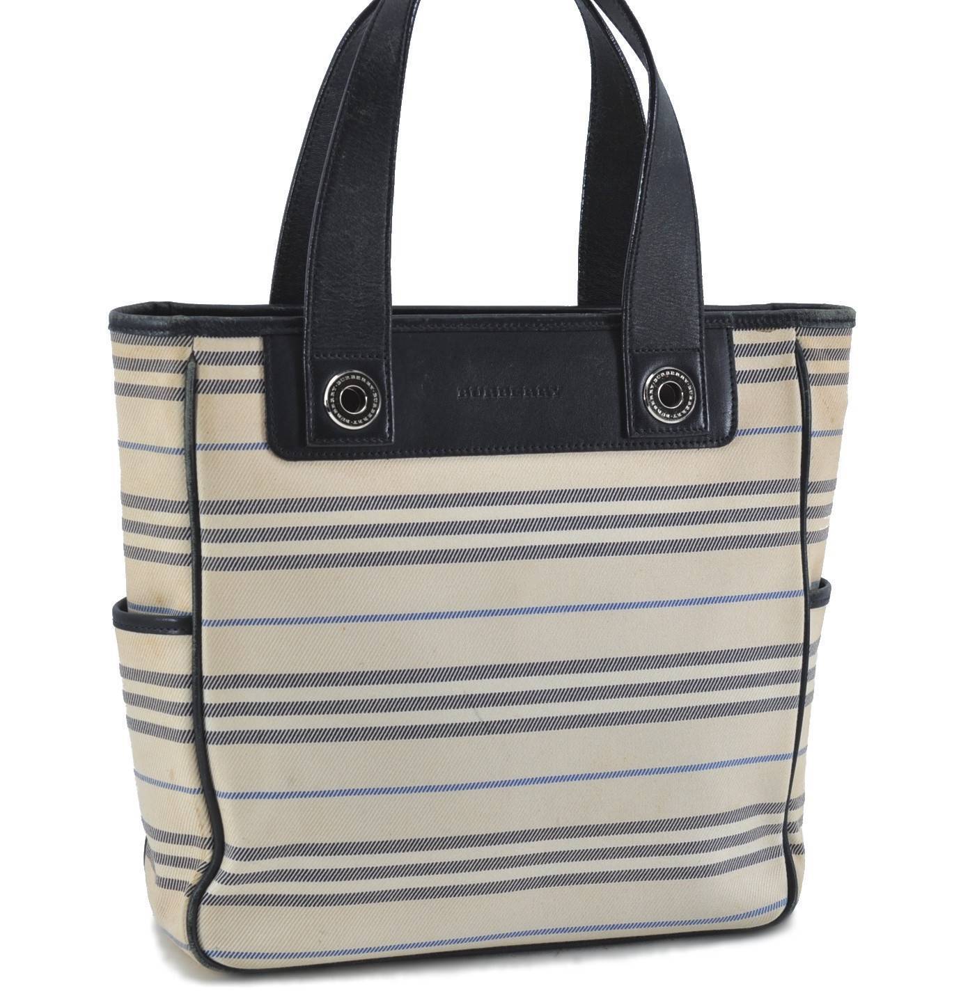 Authentic BURBERRY Stripe Tote Hand Bag Canvas Leather White Navy H3363