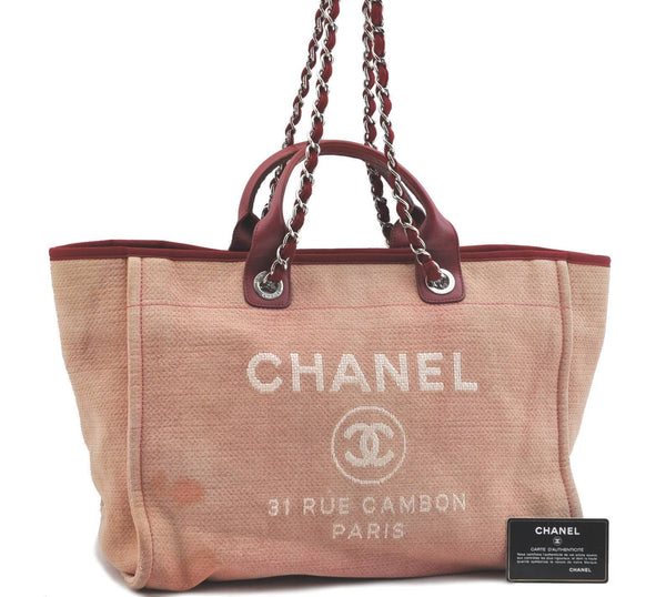 Auth Chanel Deauville Line Chain Shoulder Tote Hand Bag Canvas Pink Red H3380