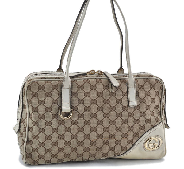 Auth GUCCI Shoulder Hand Bag Purse GG Canvas Leather 169971 Brown White H3421