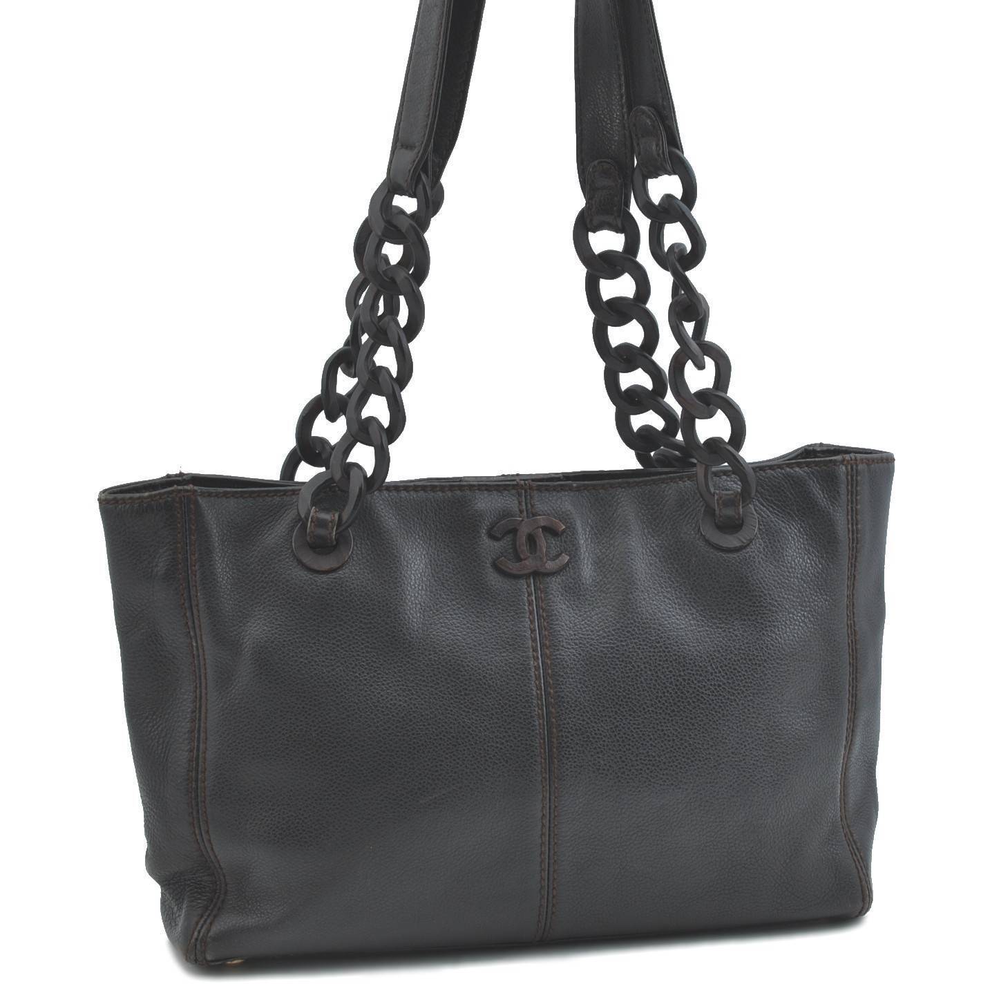 Authentic CHANEL Caviar Skin CC Logo Shoulder Tote Bag Black H3451