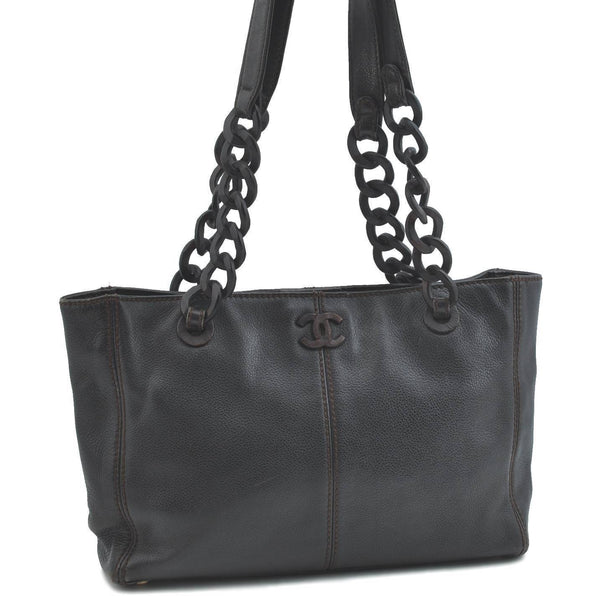 Authentic CHANEL Caviar Skin CC Logo Shoulder Tote Bag Black H3451