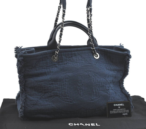 Authentic CHANEL CC Logo Chain 2Way Shoulder Hand Tote Bag Canvas Blue H3452