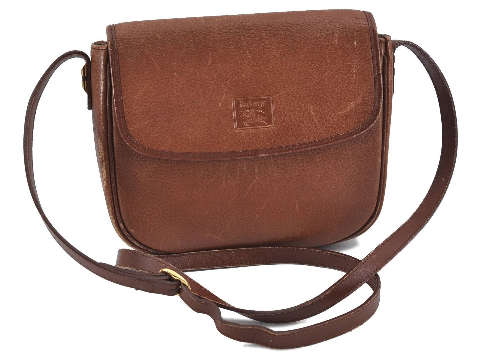 Authentic Burberrys Vintage Leather Shoulder Cross Body Bag Purse Brown H3459