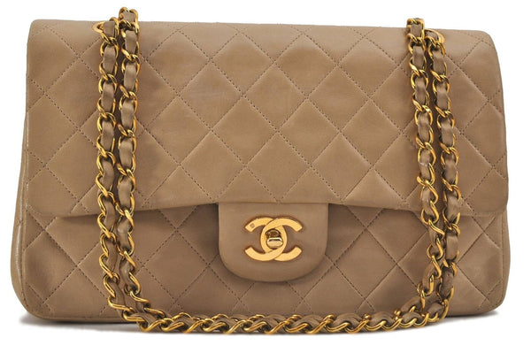 Authentic CHANEL Lamb Skin Matelasse Double Chain Shoulder Bag Beige CC H3488