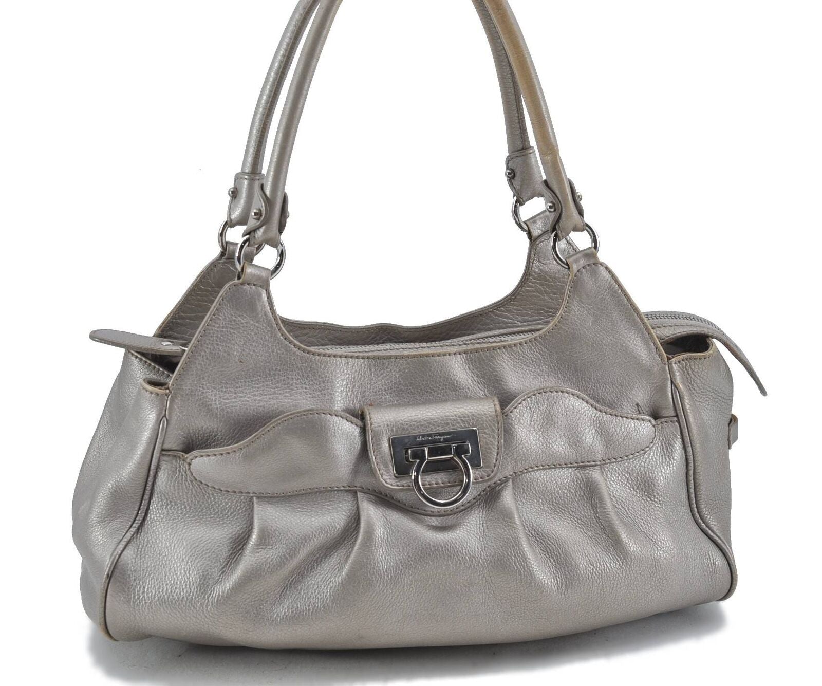 Authentic Ferragamo Gancini Leather Shoulder Hand Bag Silver H3565