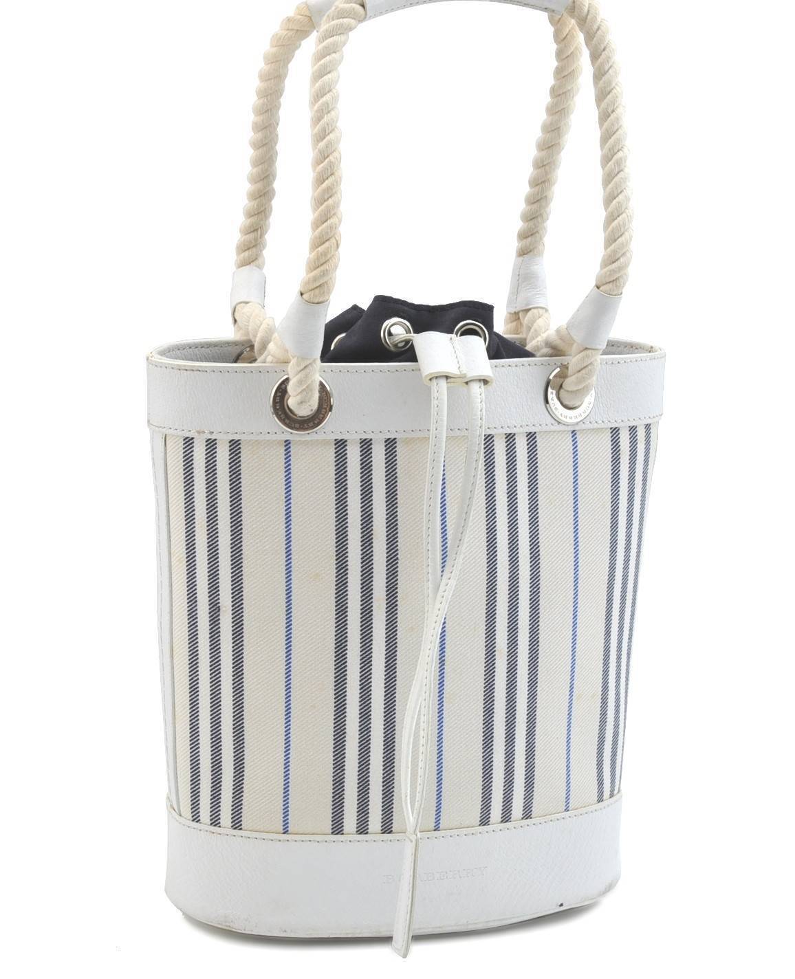 Auth BURBERRY Stripe Drawstring Shoulder Hand Bag Canvas Leather White H3619