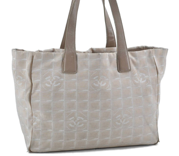 Authentic CHANEL New Travel Line Shoulder Tote Bag Nylon Leather Beige H3704