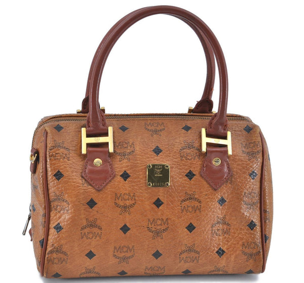 Authentic MCM Visetos Leather Vintage Hand Boston Bag Purse Brown H3718