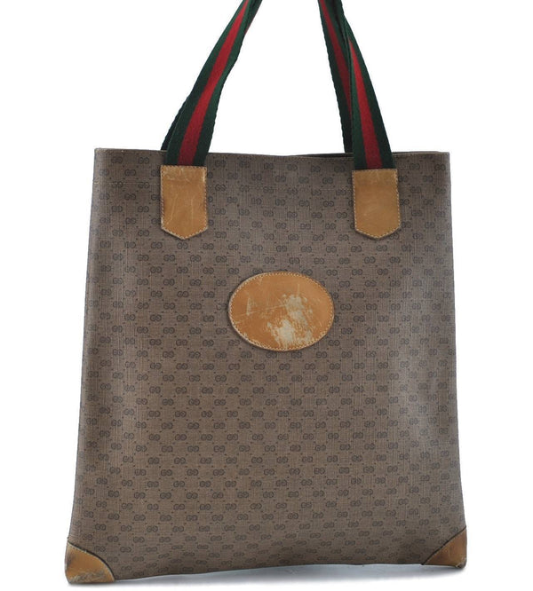 Auth GUCCI Web Sherry Line Micro GG Shoulder Tote Bag PVC Leather Brown H3746