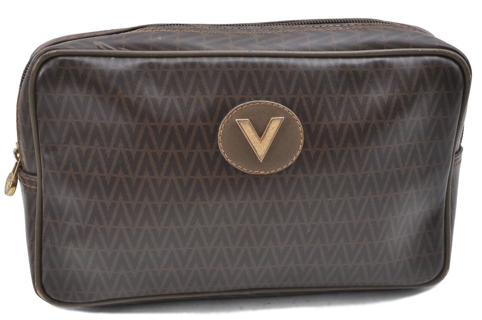 Authentic MARIO VALENTINO V Logo Clutch Hand Bag PVC Leather Brown H3764