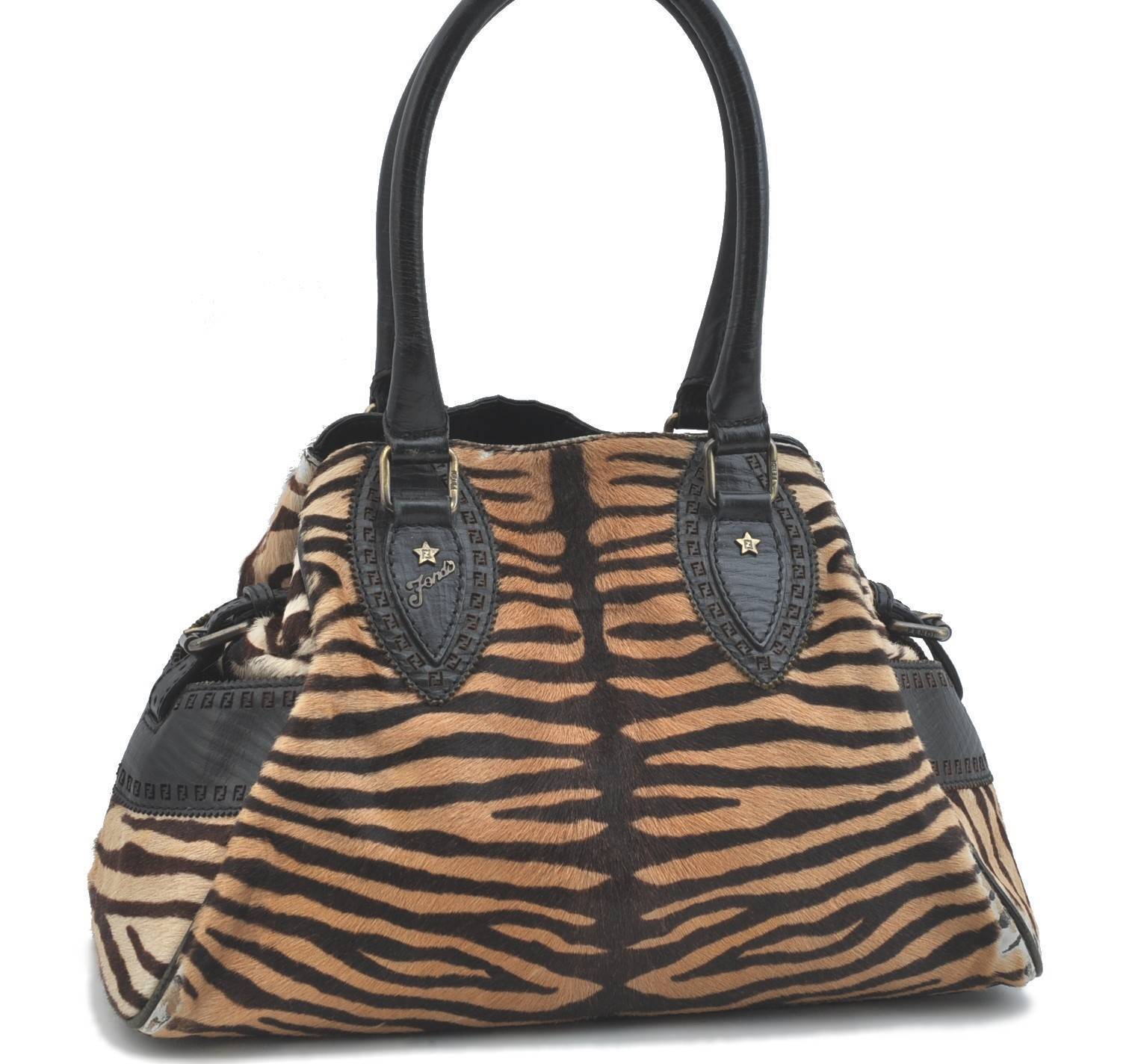 Authentic FENDI Shoulder Hand Bag Zebra Motif Unborn Calf Fur Brown  H3771