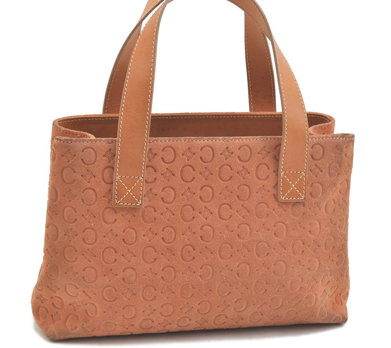 Authentic CELINE C Macadam Pattern Suede Leather Hand Bag Pink Orange H3906