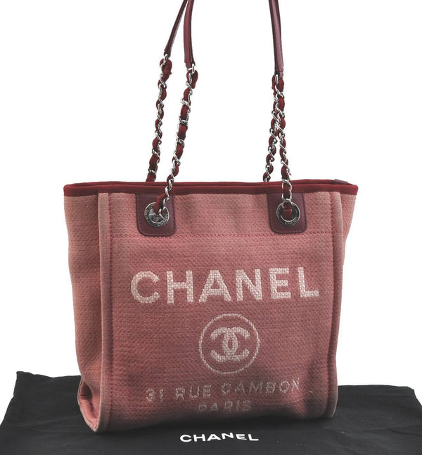 Authentic Chanel Deauville Line Shoulder Tote Bag Canvas Leather Pink H3963