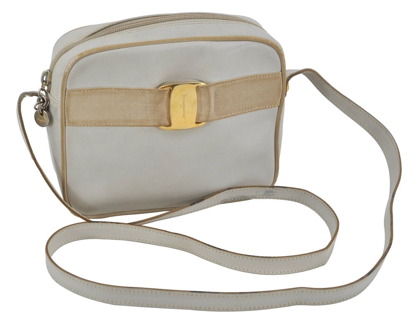 Authentic Salvatore Ferragamo Vara Shoulder Cross Body Bag Leather White H4045