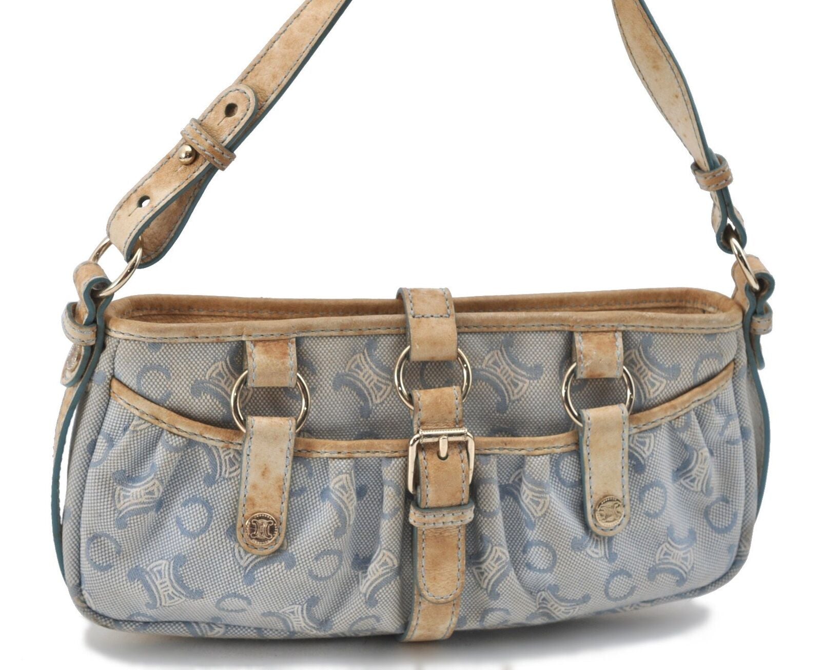 Auth CELINE C Blason Pattern Shoulder Hand Bag Canvas Leather Light Blue H4083