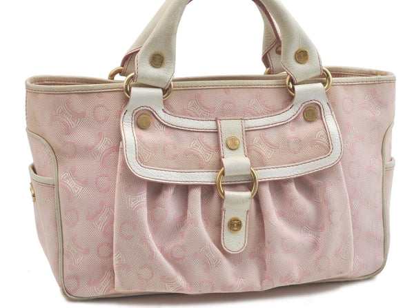 Authentic CELINE C Macadam Pattern Hand Bag Canvas Leather Pink H4094