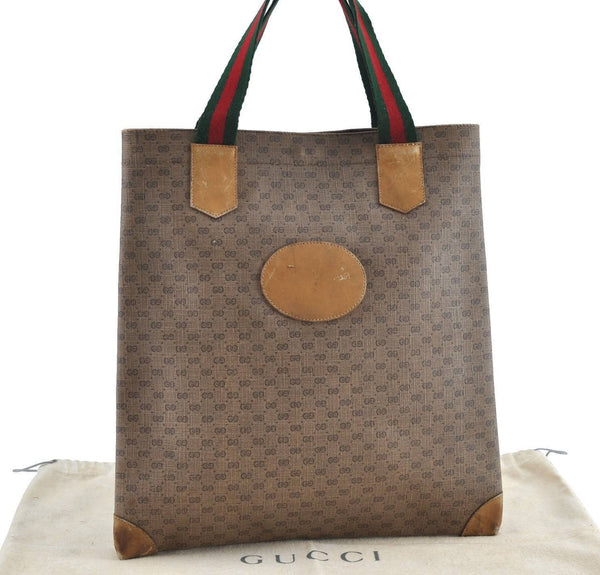 Auth GUCCI Web Sherry Line Micro GG Shoulder Hand Bag PVC Leather Brown H4117