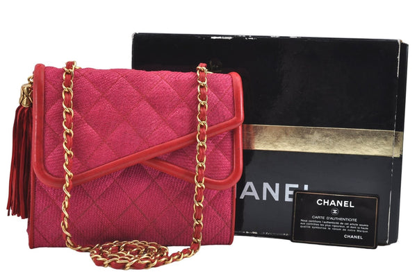 Authentic CHANEL Raffia Tassel Chain Shoulder Cross Body Bag Pink Box H4118